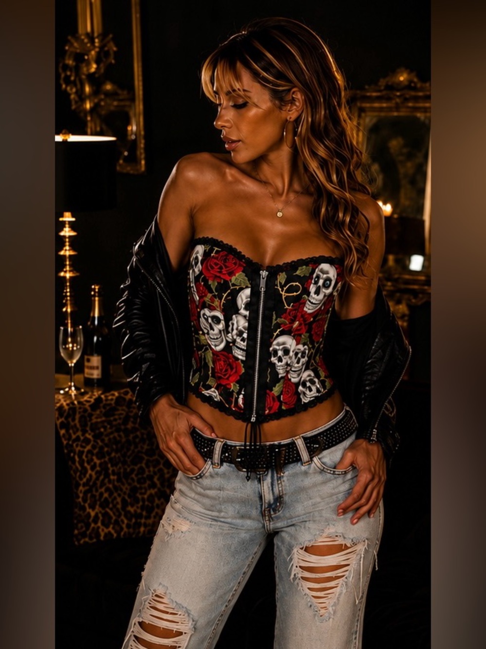 Living Dead Souls Skulls & Rose Corset- Custom Zip Gothic Bustier (One Of A Kind